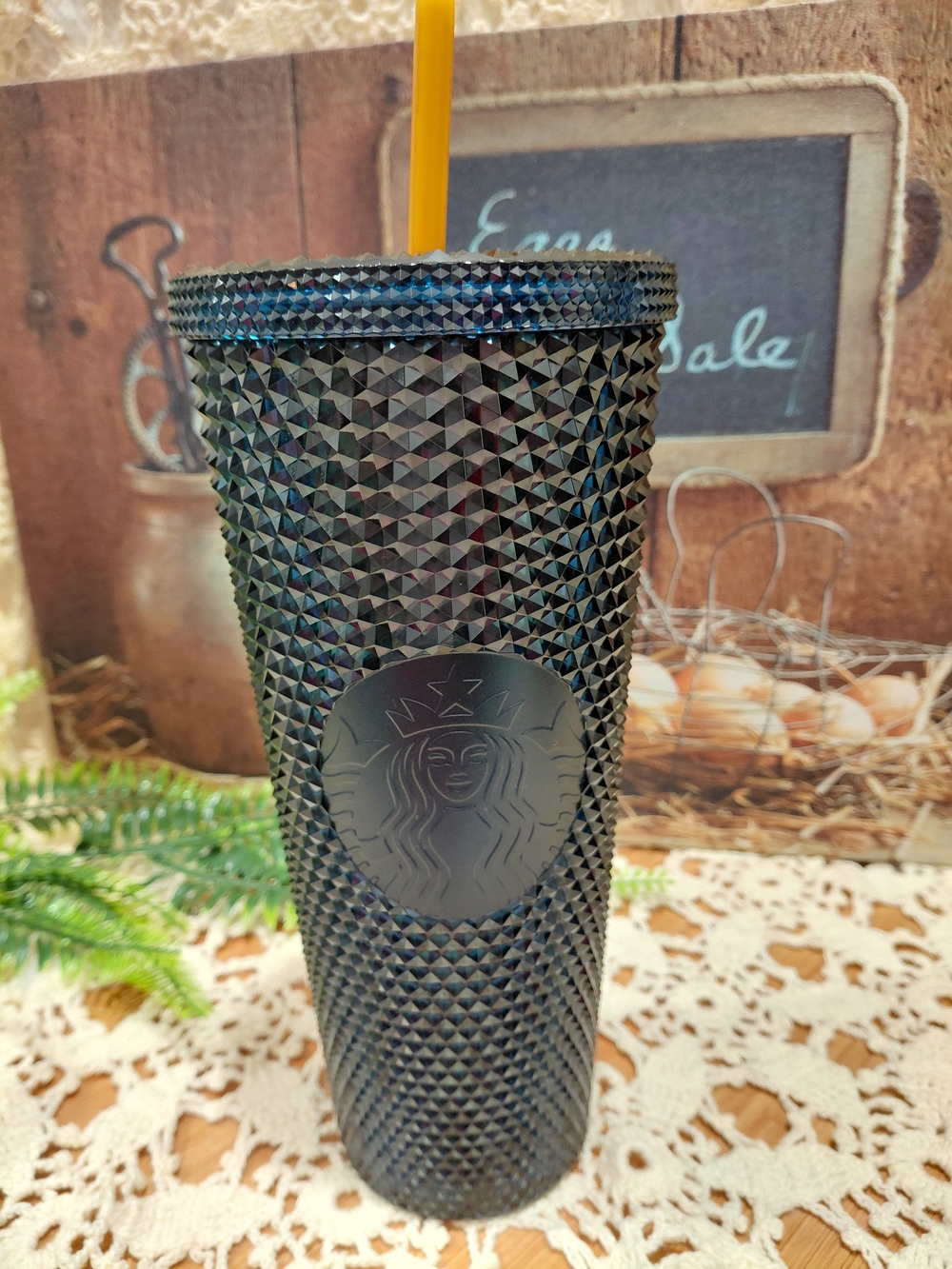 Starbucks Iridescent Black Studded Tumbler with Yellow Straw